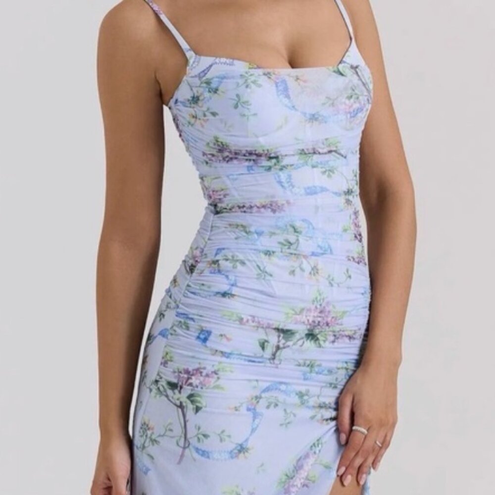 House of CB Lini Blue Chiffon Floral and Bow Bodycon Corset Maxi Dress